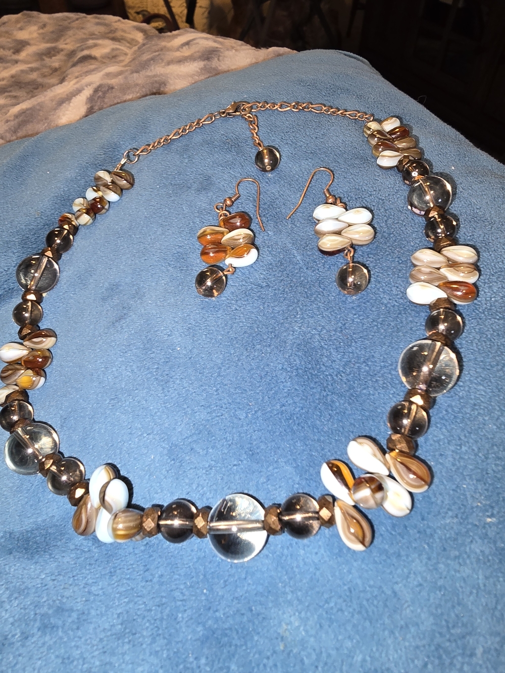 Handcrafted Brown & Light Blue Bead Necklace Total Length 16" Matching Earrings
